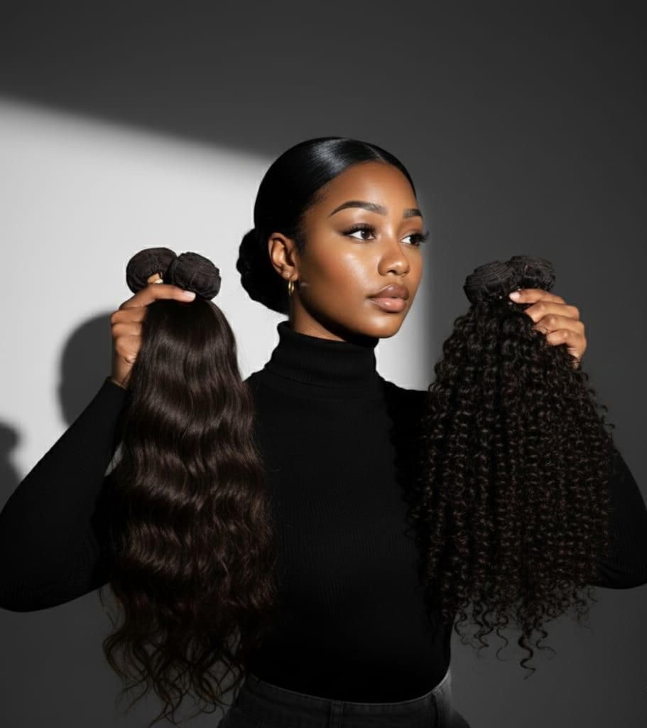 Elegant model holding wavy and curly premium hair bundles