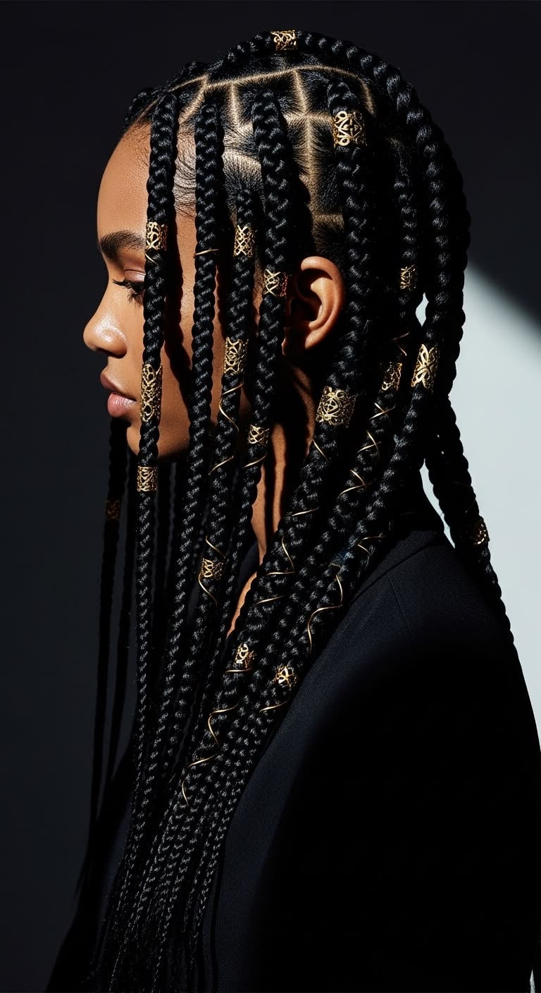Model with knotless braids styled with gold hair cuffs and accessories